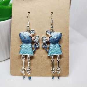 Cute Mouse Dangle Earrings Whimsical Silver‎ Tone Blue Enamel Fun Jewelry NWOT